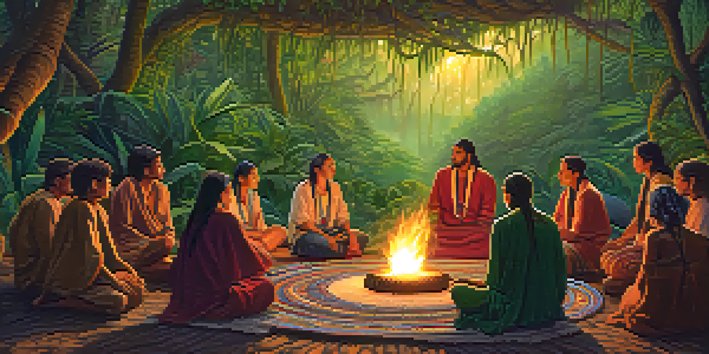 A tranquil Ayahuasca ceremony in a jungle, with participants seated around a bonfire, led by a shaman in traditional attire, surrounded by lush greenery.