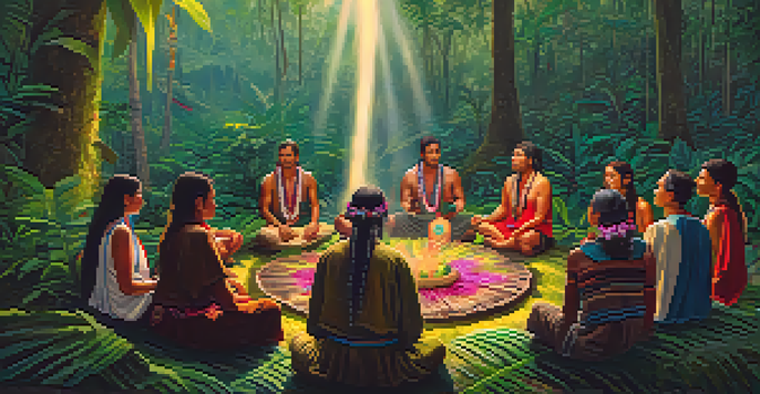 An Ayahuasca ceremony in the Amazon rainforest, with participants in a circle around a shaman preparing the brew.