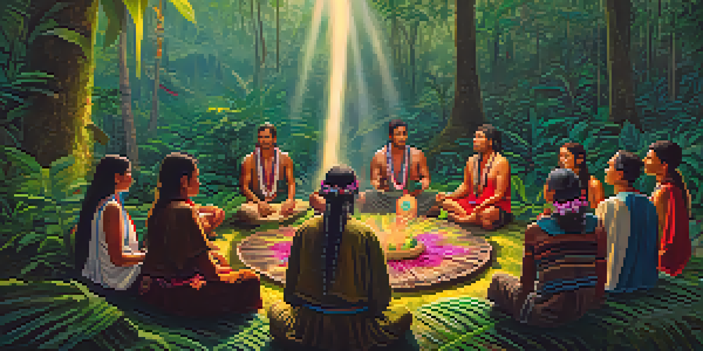 An Ayahuasca ceremony in the Amazon rainforest, with participants in a circle around a shaman preparing the brew.