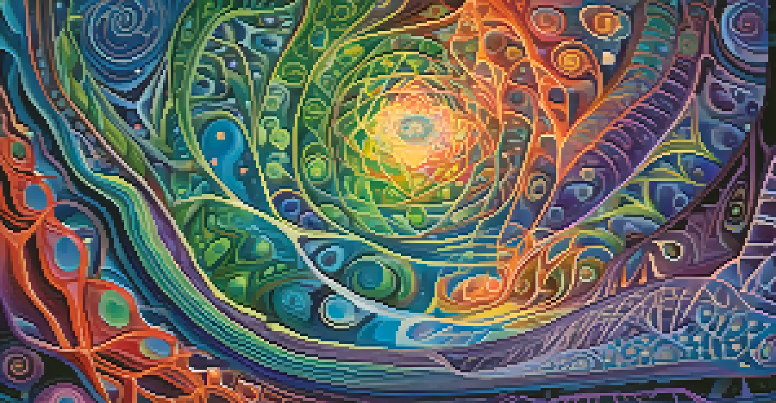 An abstract image depicting the emotional and neural experiences of ayahuasca with swirling colors and interconnected neural pathways.
