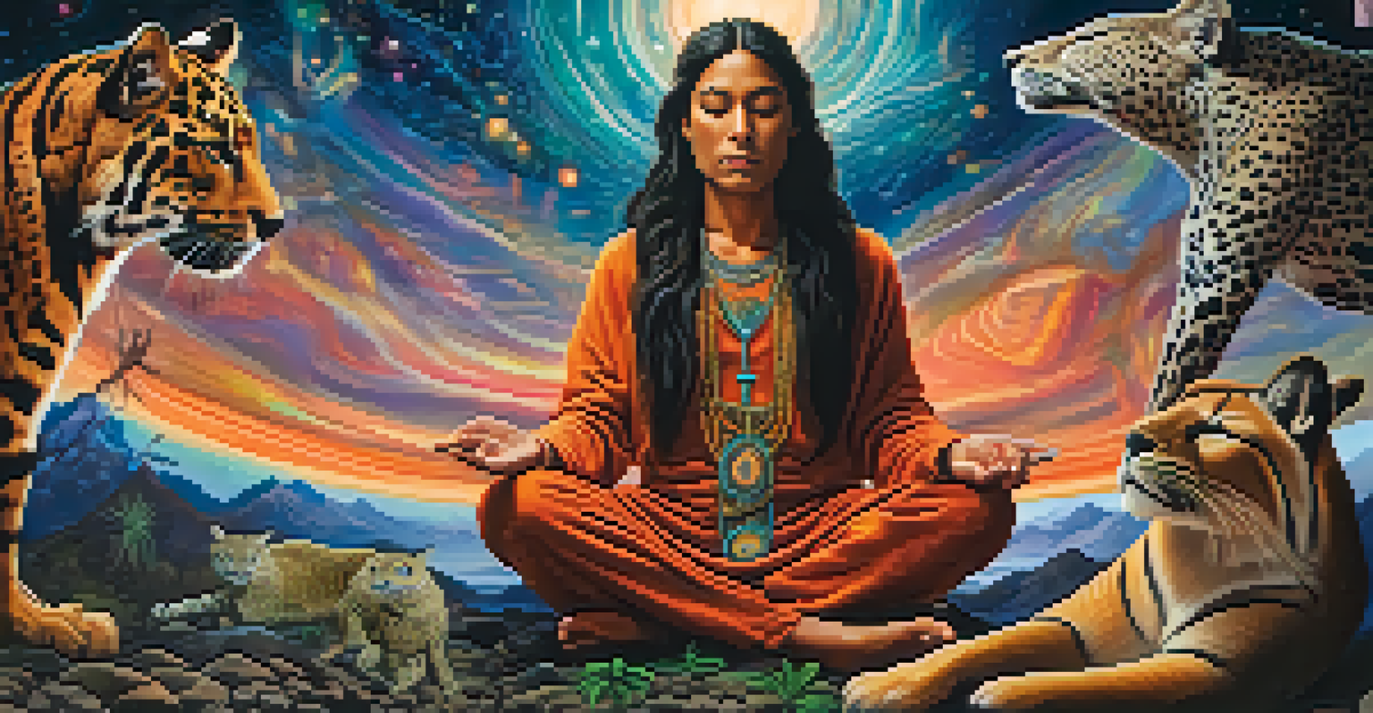 A person meditating with vivid animal spirits like a jaguar, owl, and deer in a colorful, cosmic background.