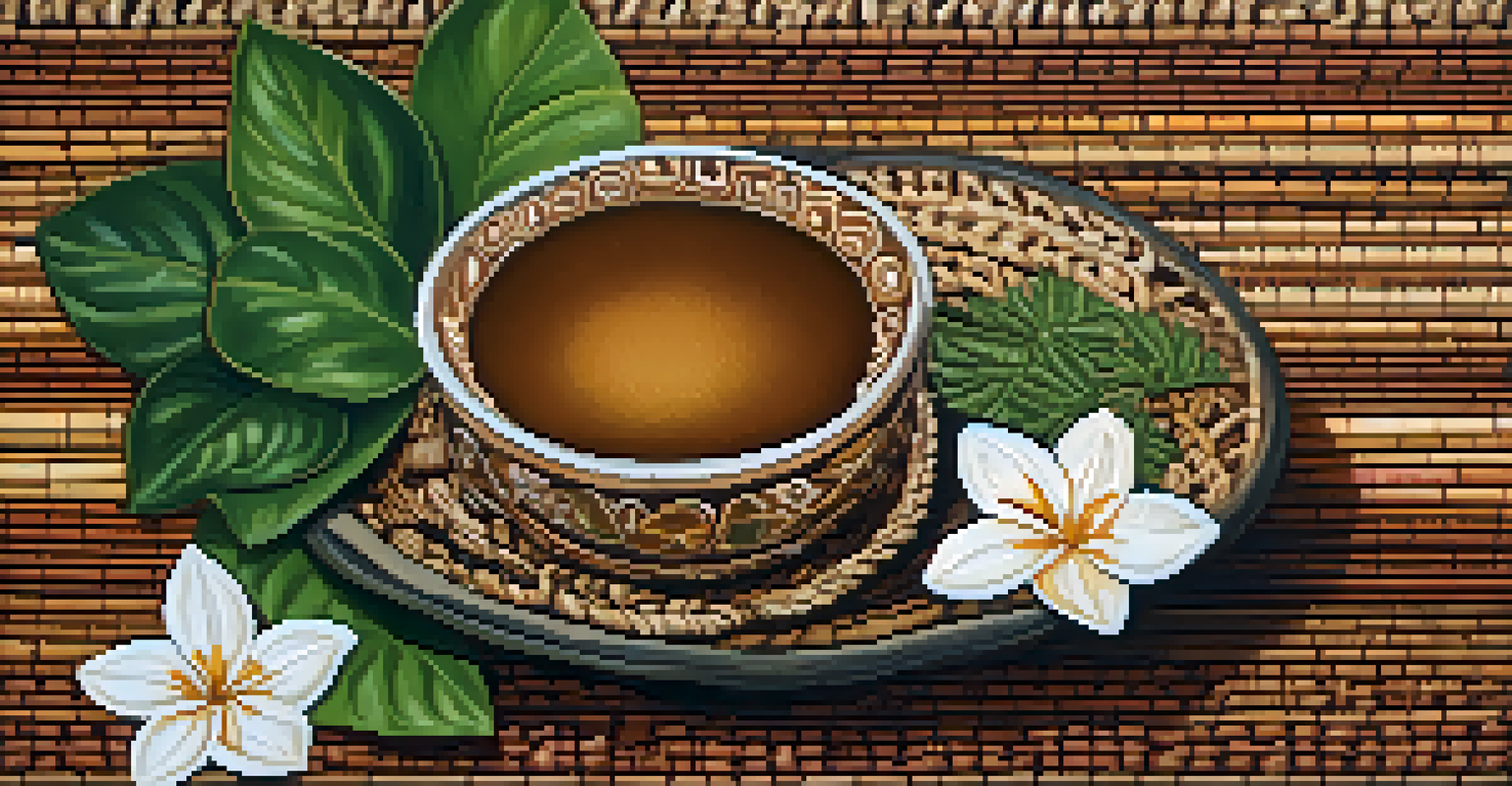 A close-up image of Ayahuasca brew in a traditional cup on a woven mat, surrounded by natural elements like leaves and flowers.
