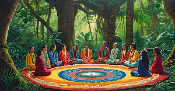 A tranquil jungle scene depicting participants in an Ayahuasca ceremony, with a shaman in the center, surrounded by lush greenery and soft sunlight.