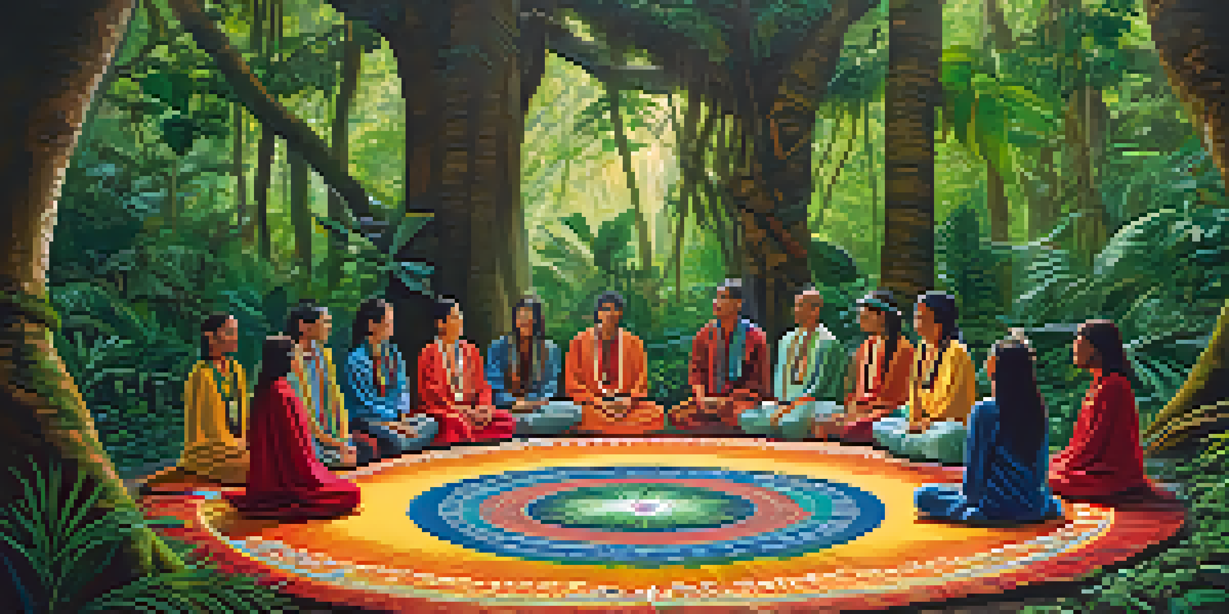 A tranquil jungle scene depicting participants in an Ayahuasca ceremony, with a shaman in the center, surrounded by lush greenery and soft sunlight.
