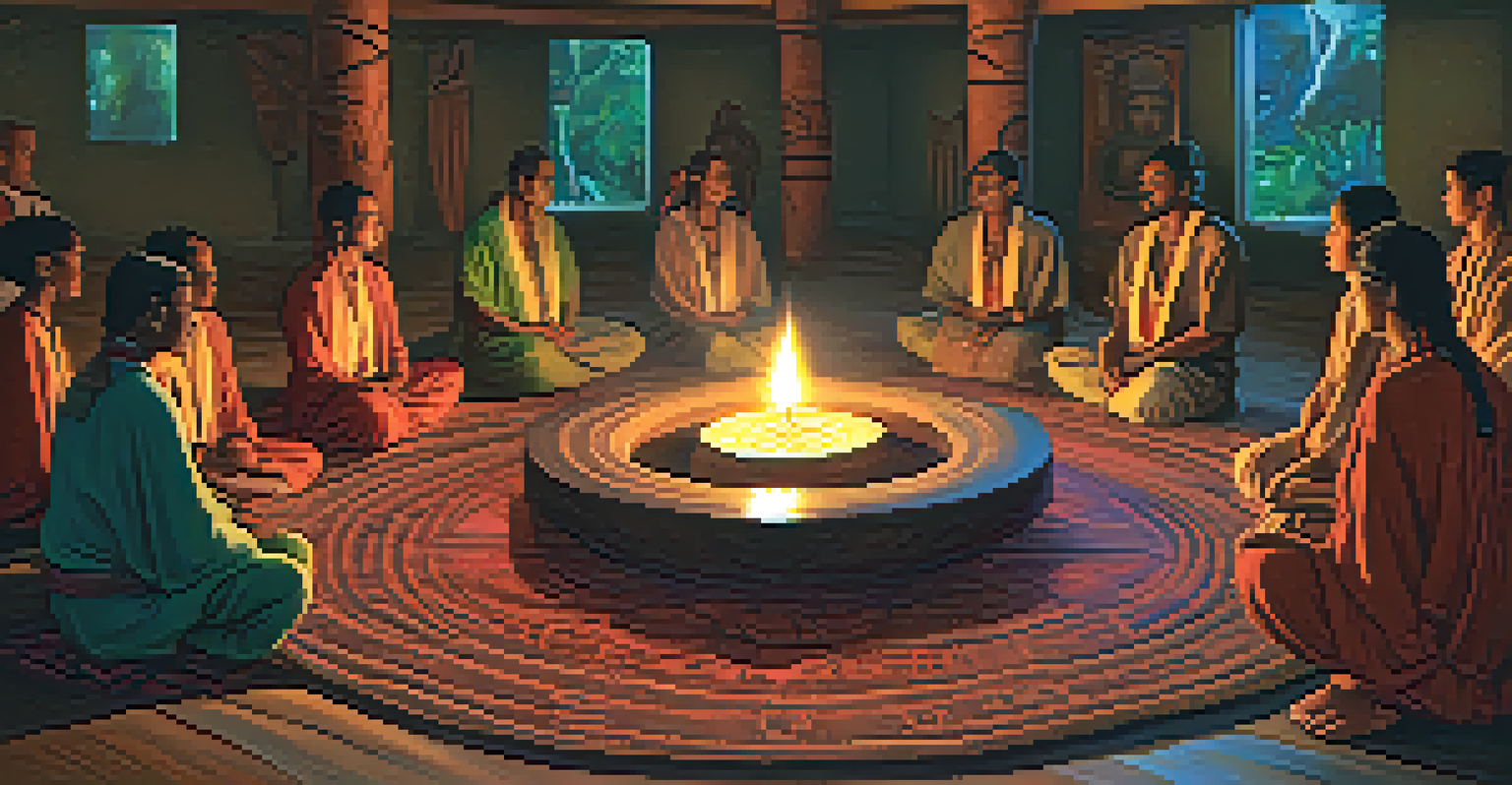 An intimate Ayahuasca ceremony with participants in a circle, a guiding shaman in the center, and candles creating a warm, spiritual atmosphere.