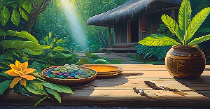 A tranquil Amazon rainforest at dawn with mist and colorful flowers. A wooden table holds a clay cup of ayahuasca brew, surrounded by natural elements in soft golden light.