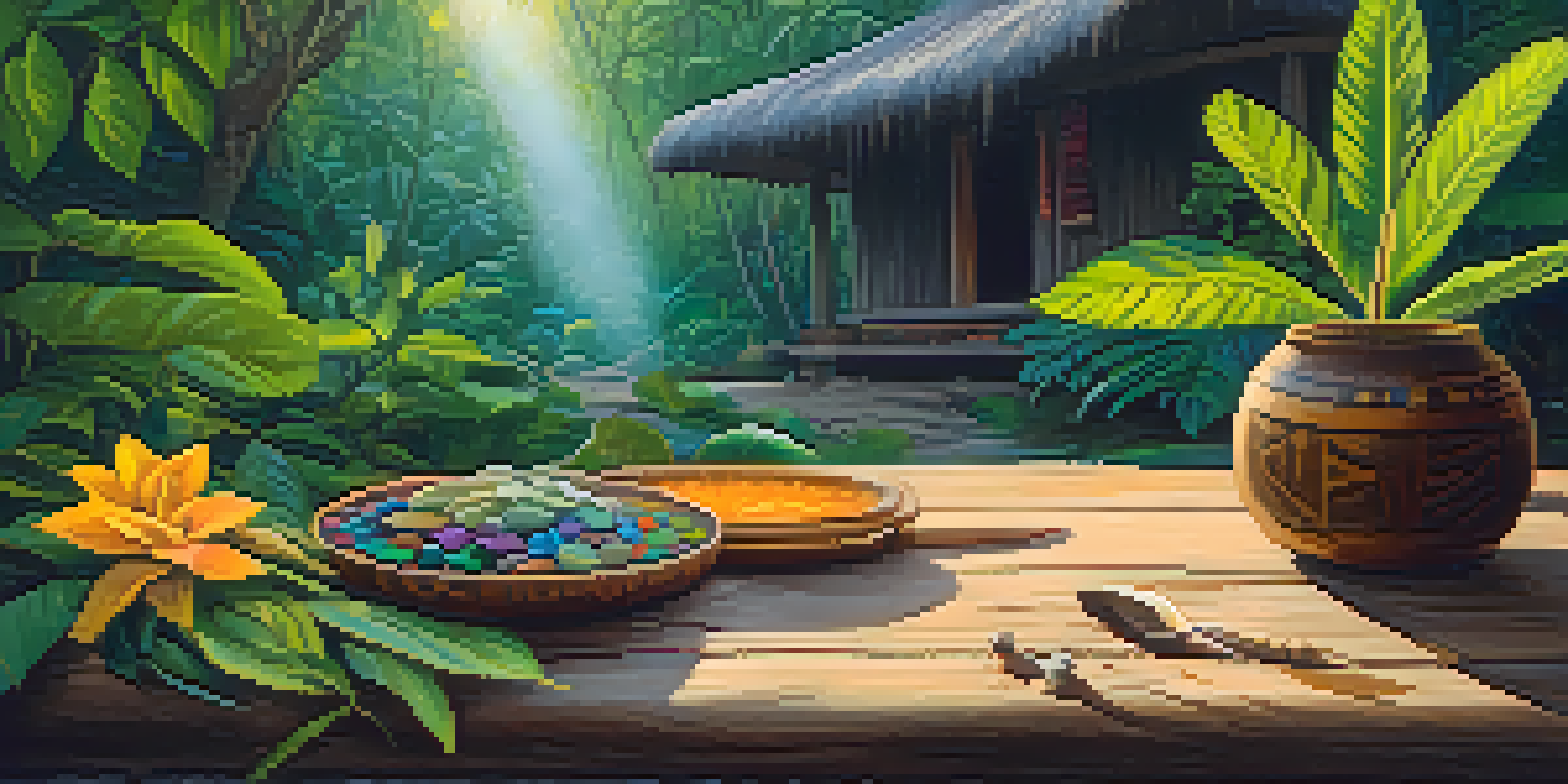 A tranquil Amazon rainforest at dawn with mist and colorful flowers. A wooden table holds a clay cup of ayahuasca brew, surrounded by natural elements in soft golden light.
