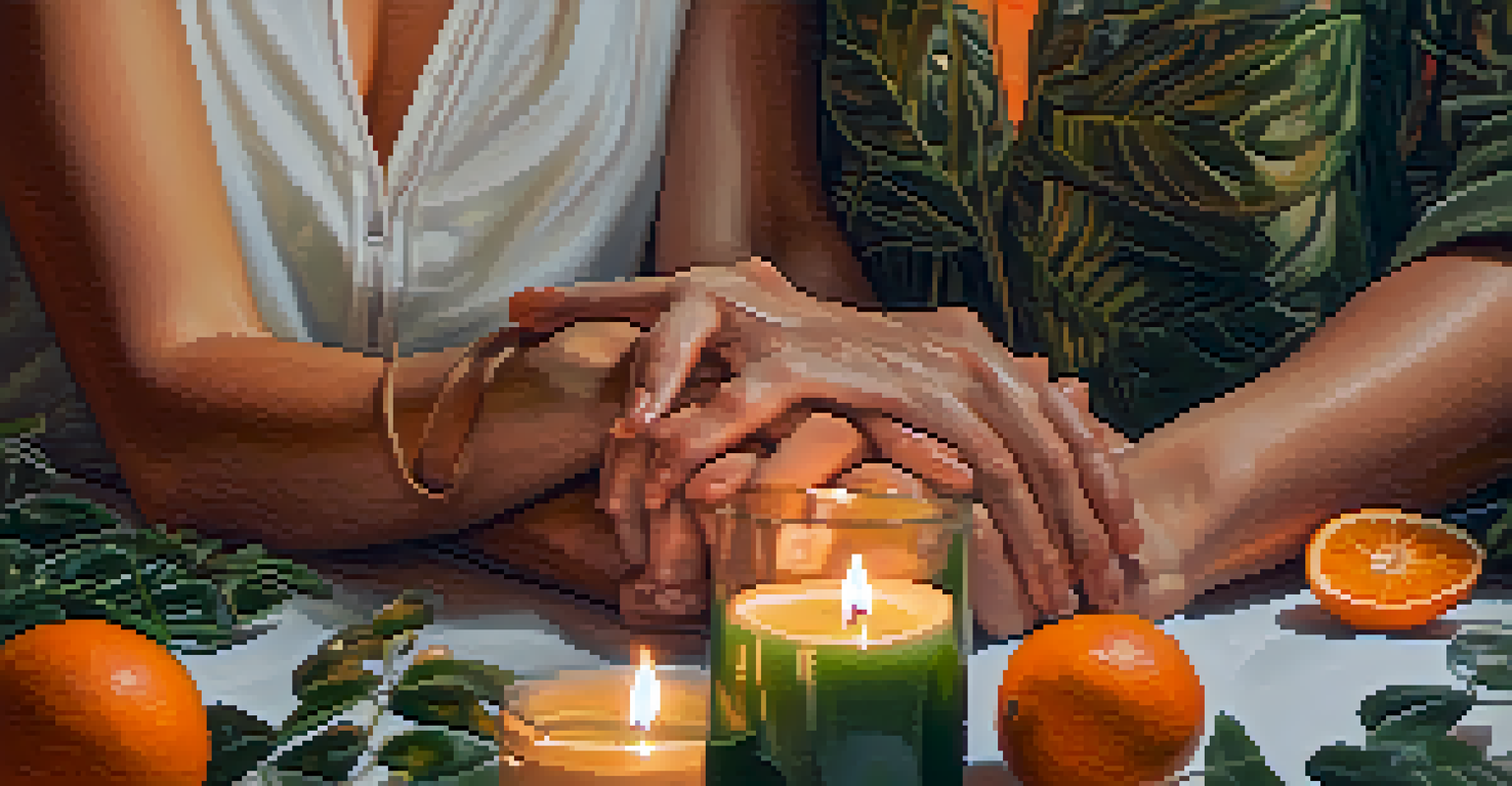 A close-up of a couple holding hands in a cozy room, surrounded by plants and candles, expressing deep connection and vulnerability.