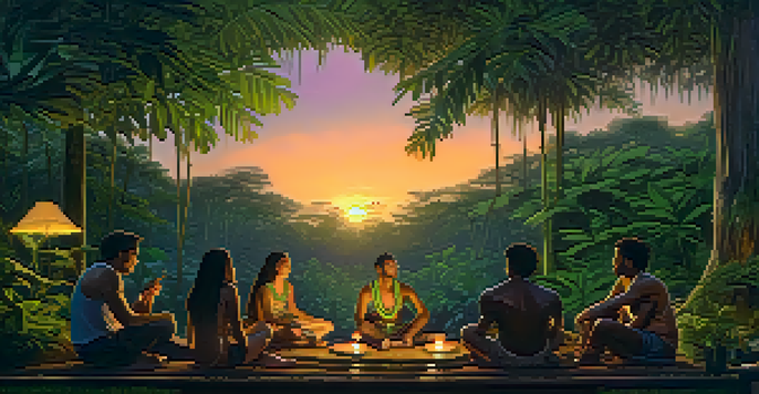 A peaceful gathering in an Amazon rainforest with diverse individuals sitting in a circle during dusk, surrounded by vibrant greenery and soft lantern light.