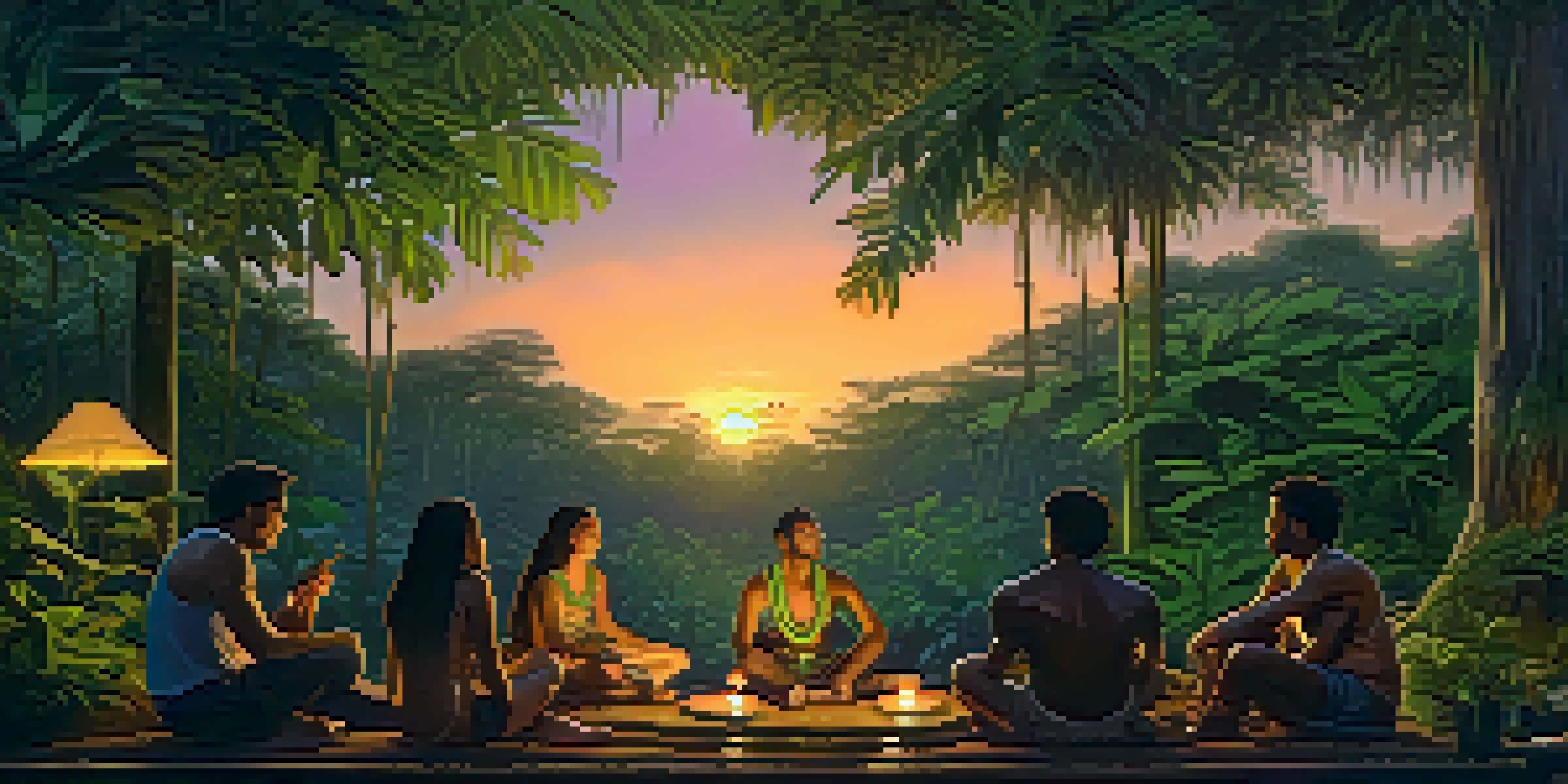 A peaceful gathering in an Amazon rainforest with diverse individuals sitting in a circle during dusk, surrounded by vibrant greenery and soft lantern light.