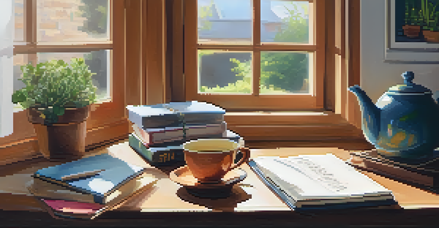 A cozy workspace with a journal, tea, and a plant, illuminated by natural light from a window.