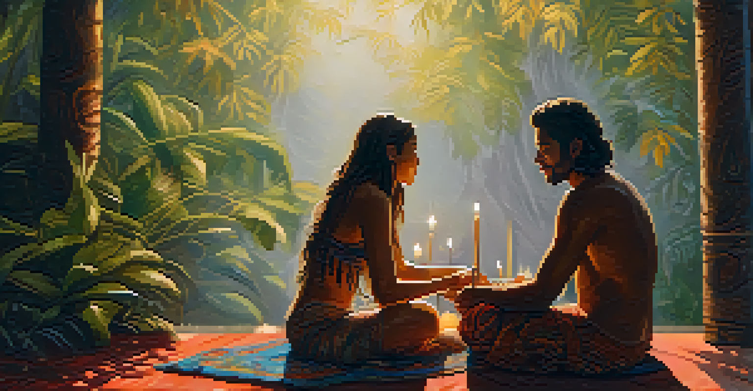 Two participants in an Ayahuasca ceremony sharing a heartfelt moment of connection, seated close together in a softly lit space decorated with flowers, conveying empathy and support.
