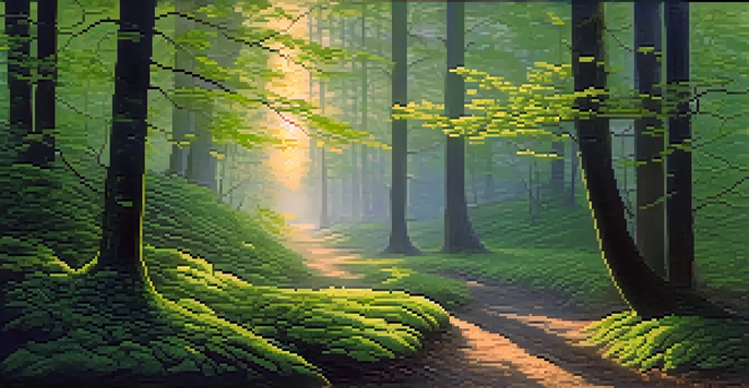 A peaceful forest with sunlight filtering through leaves and a misty path.