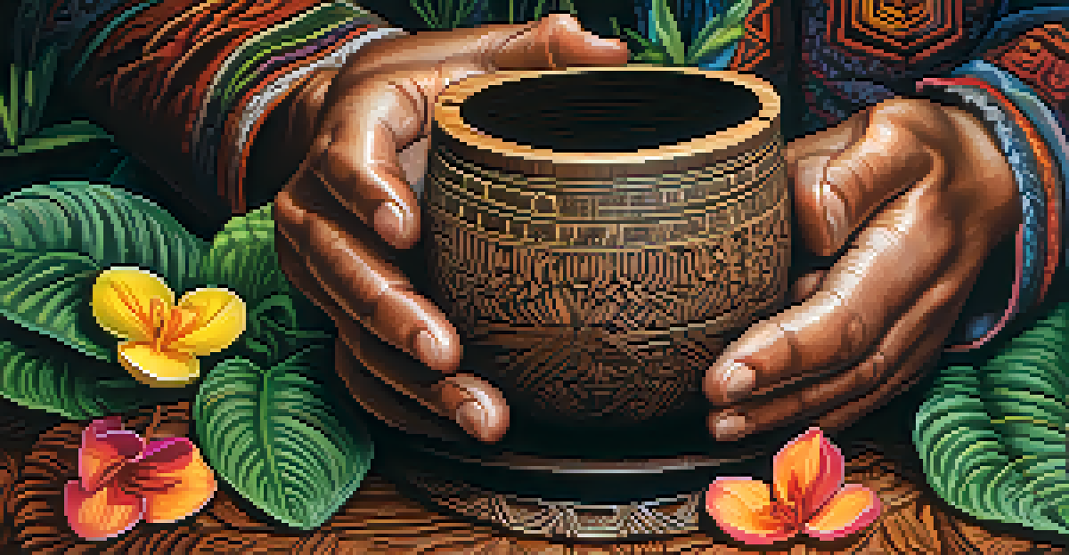 A close-up of hands holding a wooden cup filled with Ayahuasca brew, with blurred plants in the background.