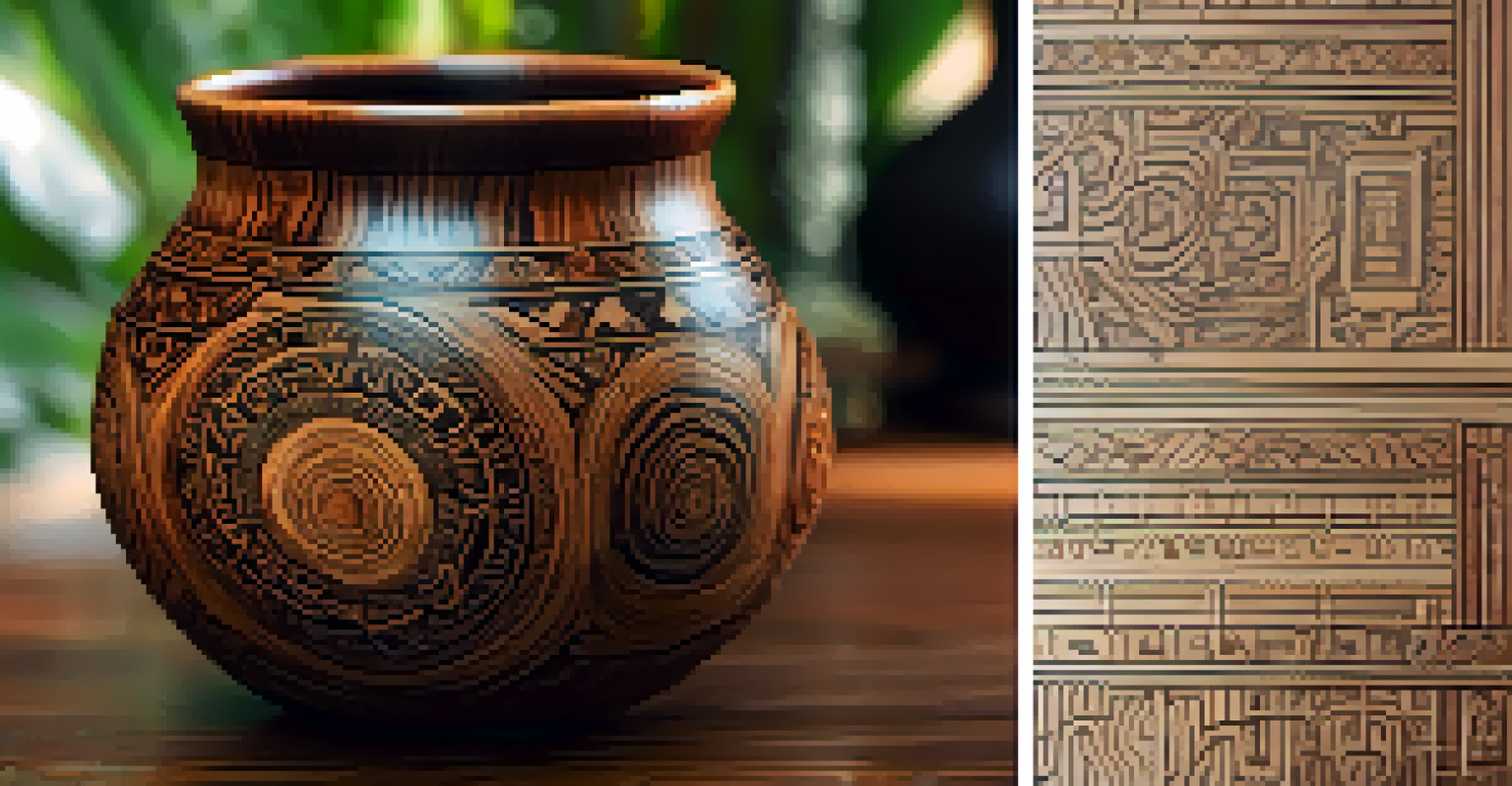 A close-up of an intricately designed ayahuasca cup filled with brew, set on a wooden table with indigenous symbols in a softly lit environment.