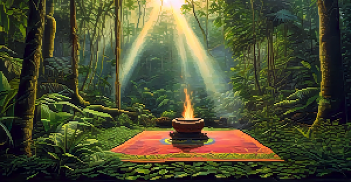 A tranquil Amazon rainforest scene at dawn with a ceremonial setup including a mat and plants, illuminated by soft sunlight.