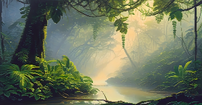 A tranquil Amazon rainforest at dawn with mist, showcasing the Banisteriopsis caapi vine and Psychotria viridis leaves under soft golden sunlight.