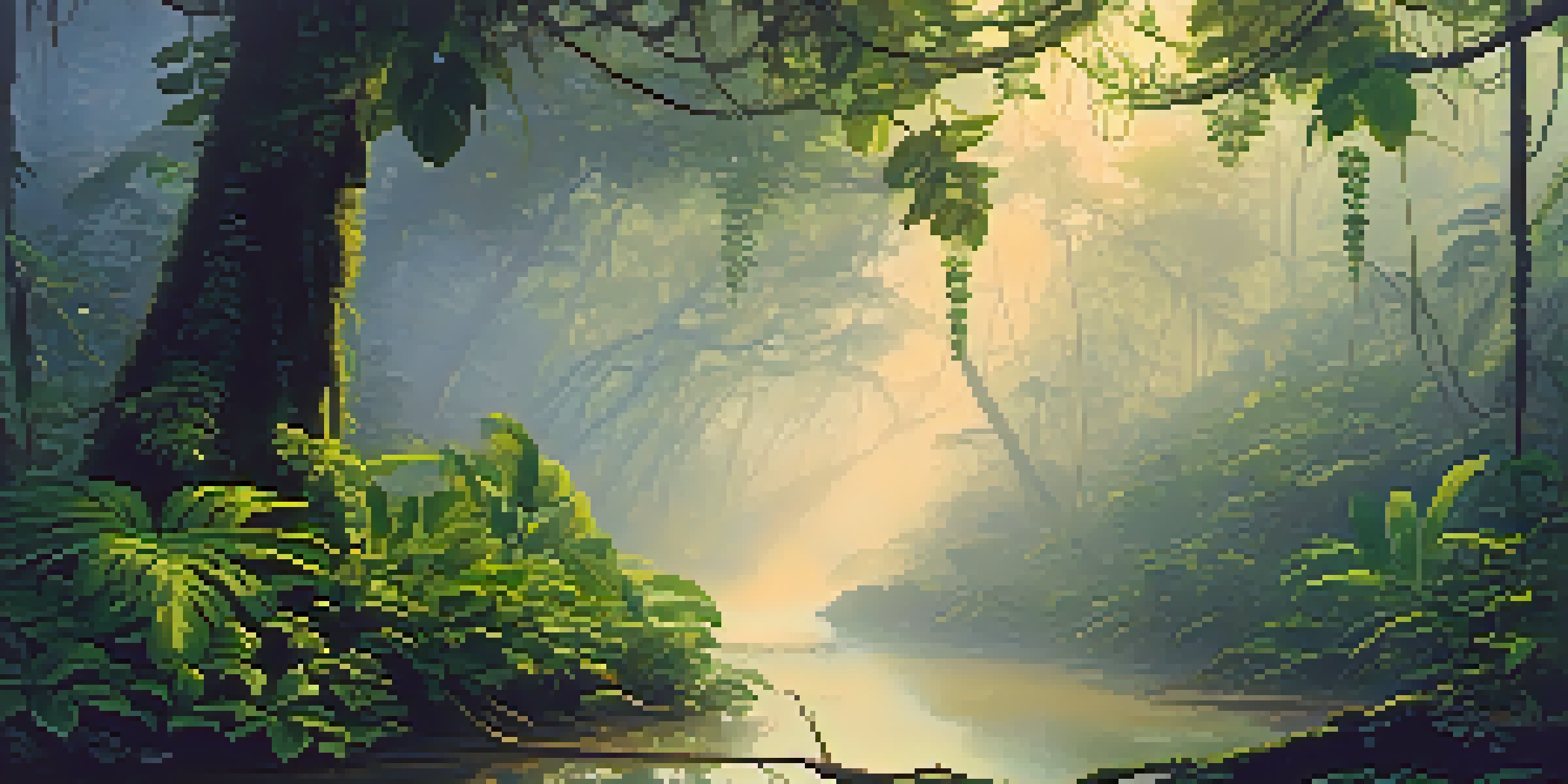A tranquil Amazon rainforest at dawn with mist, showcasing the Banisteriopsis caapi vine and Psychotria viridis leaves under soft golden sunlight.