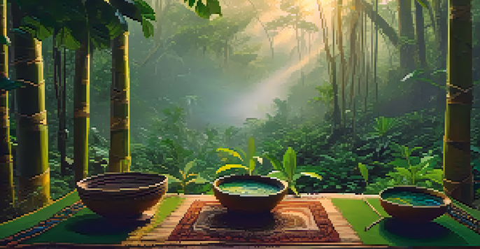 A tranquil Amazon rainforest at dawn with lush green plants and a ceremonial setup for ayahuasca, illuminated by soft golden light.