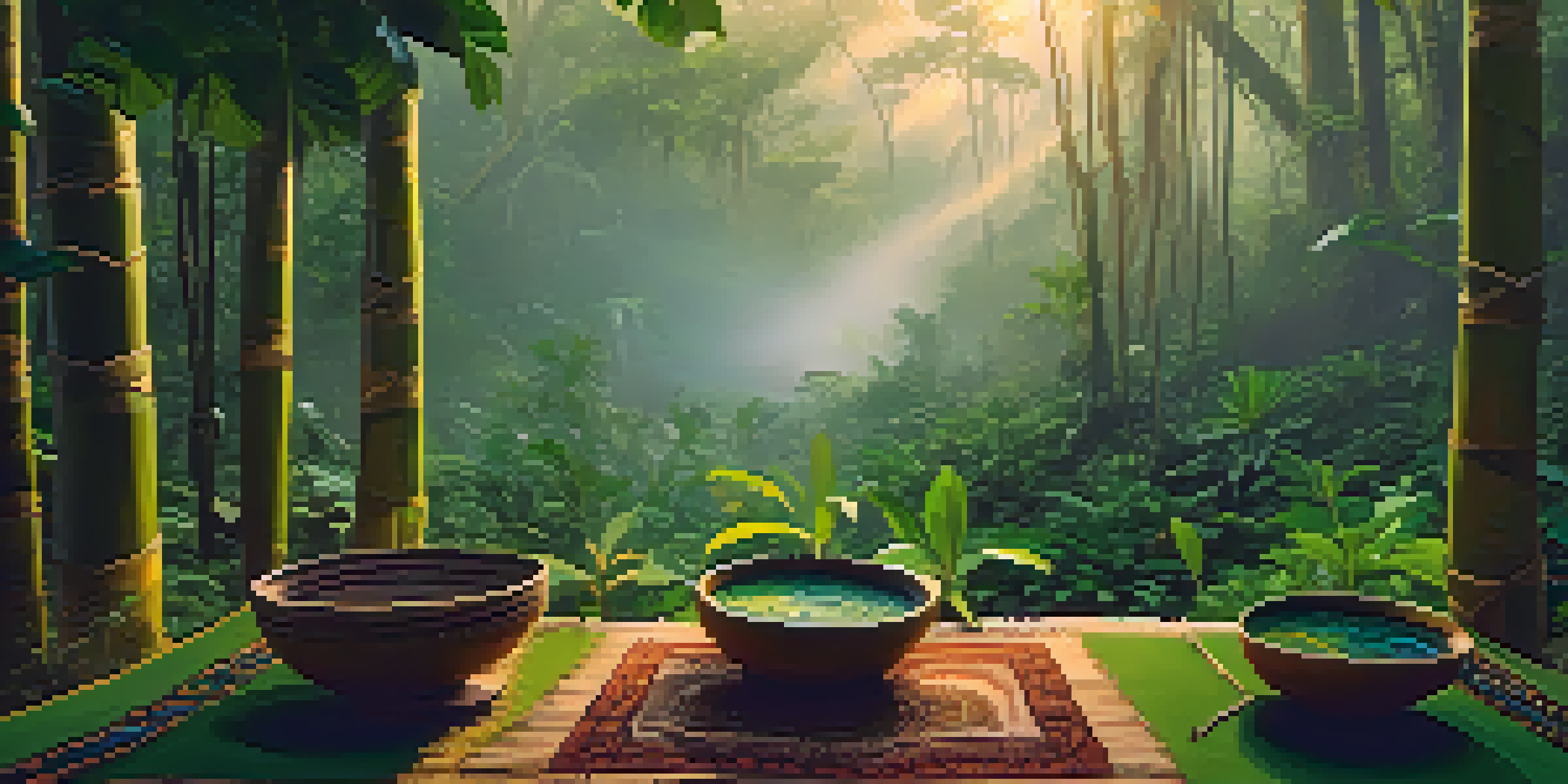 A tranquil Amazon rainforest at dawn with lush green plants and a ceremonial setup for ayahuasca, illuminated by soft golden light.
