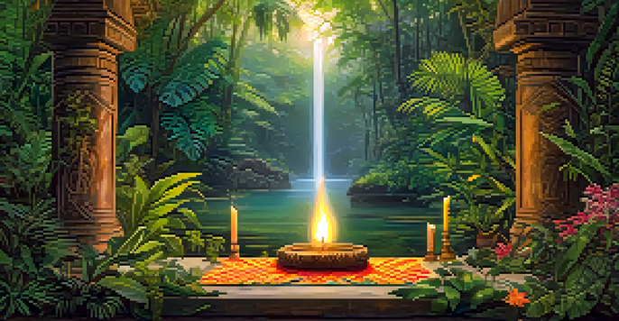 A peaceful Amazonian jungle with a ceremonial space for ayahuasca, featuring an altar with candles and tropical flowers.