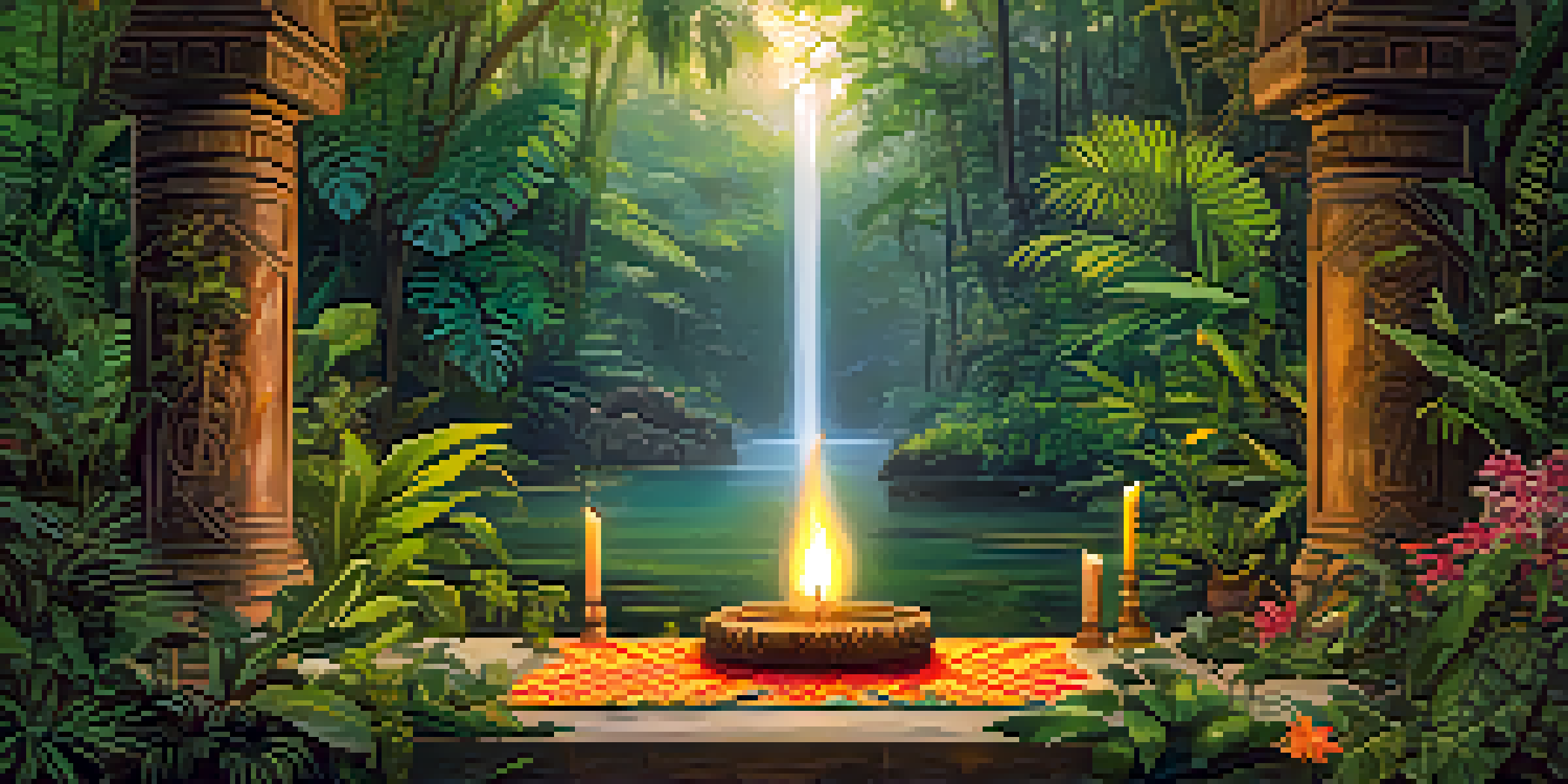 A peaceful Amazonian jungle with a ceremonial space for ayahuasca, featuring an altar with candles and tropical flowers.