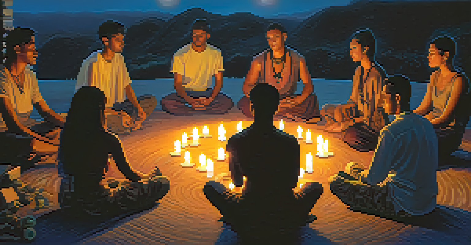 A diverse group of individuals in a circle during an Ayahuasca ceremony at twilight, illuminated by candlelight and engaged in deep conversation.