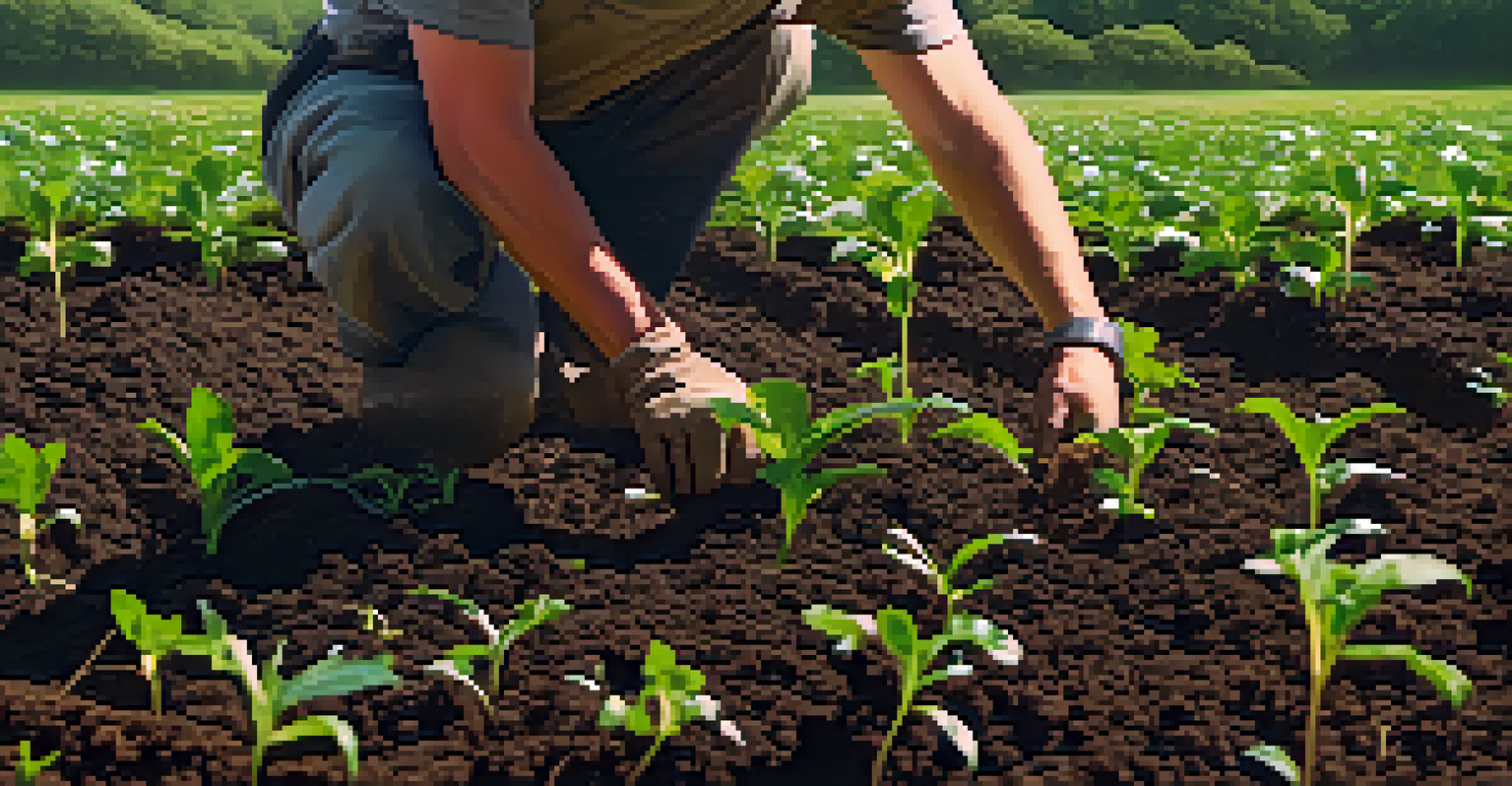A close-up of dark, nutrient-rich soil with earthworms, surrounded by green cover crops and a farmer practicing sustainable farming techniques in the background.