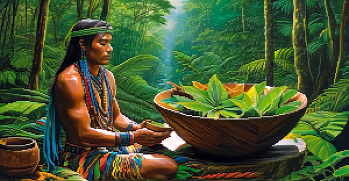 A traditional shaman in colorful attire preparing Ayahuasca in a large bowl, surrounded by lush Amazon rainforest foliage at dawn.