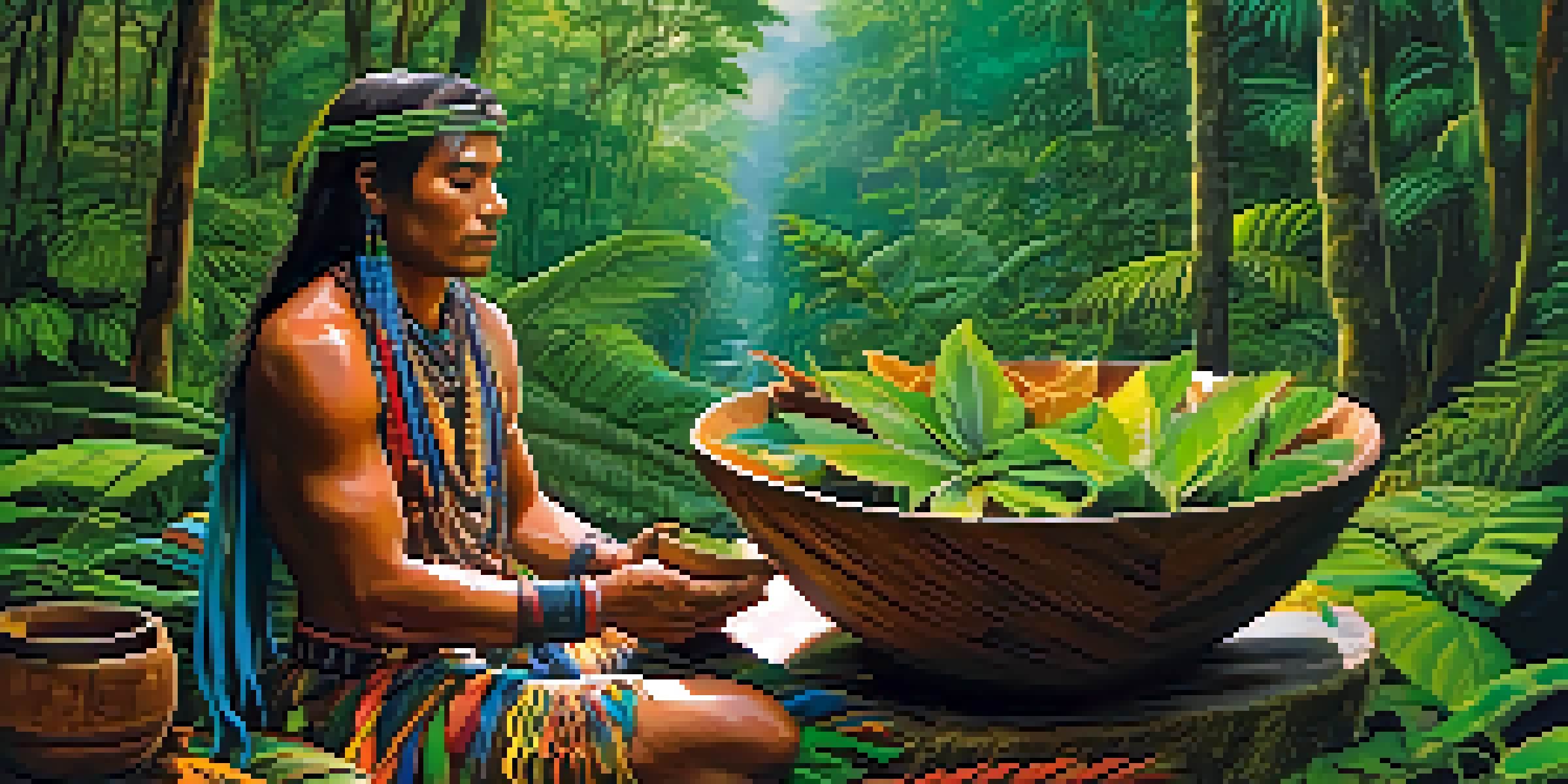 A traditional shaman in colorful attire preparing Ayahuasca in a large bowl, surrounded by lush Amazon rainforest foliage at dawn.