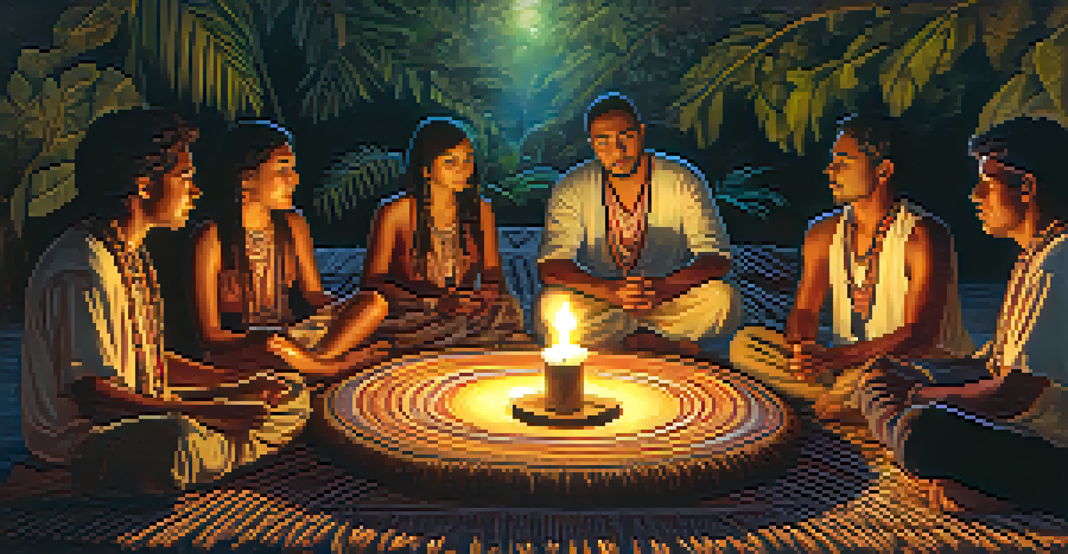A circle of individuals seated on woven mats during an Ayahuasca ceremony, surrounded by candlelight and decorative spiritual elements.