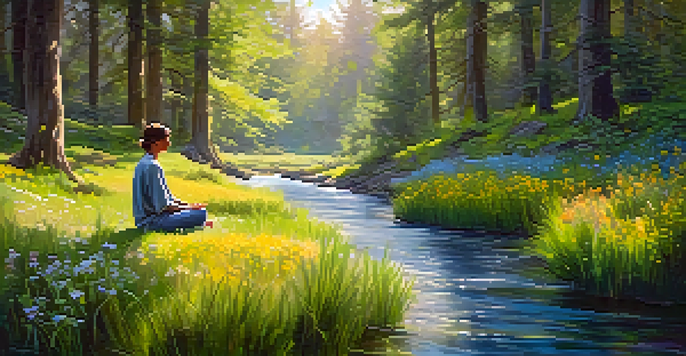 A tranquil forest setting with a person meditating on grass, surrounded by wildflowers and a stream, illuminated by sunlight.