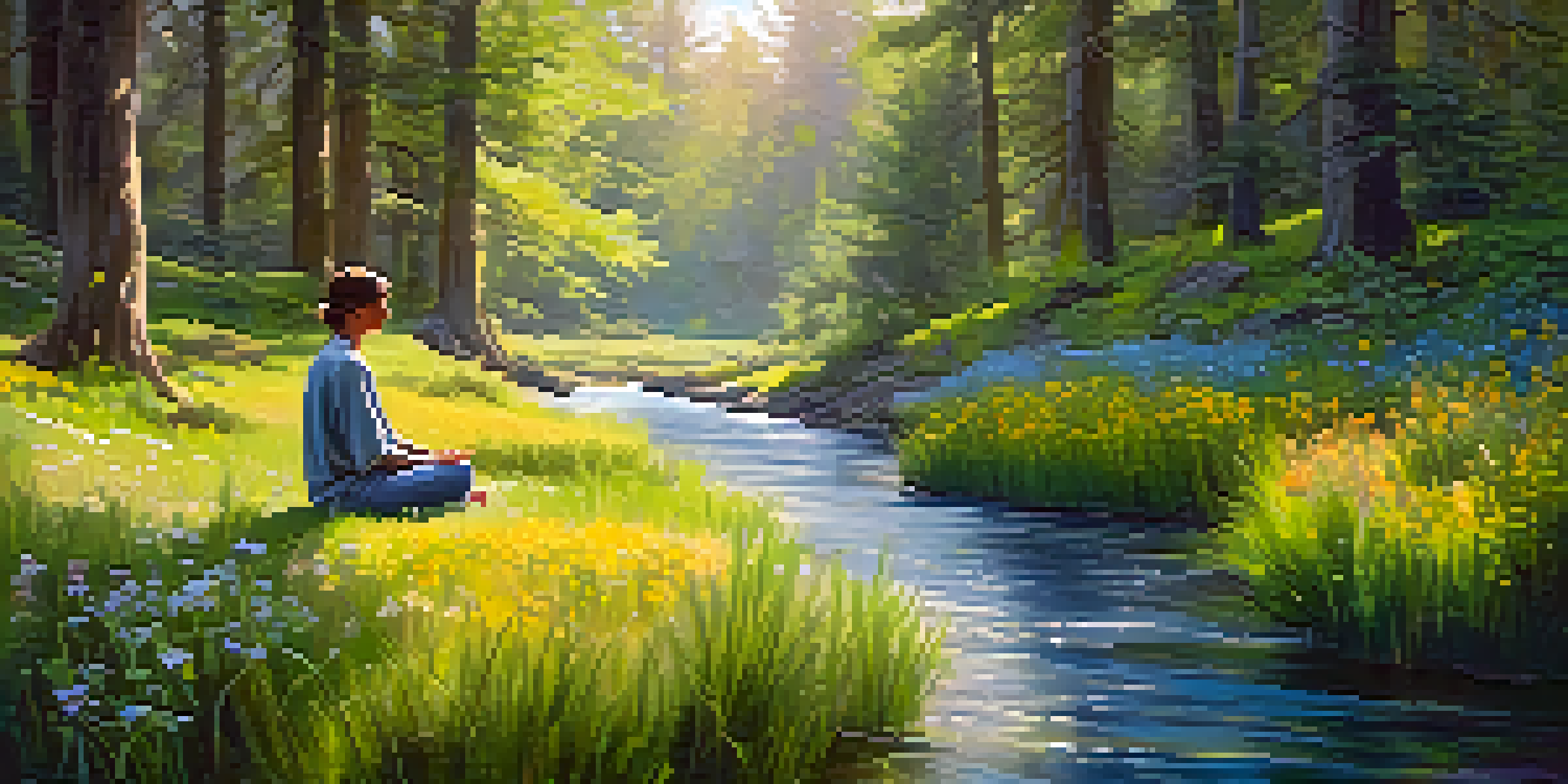 A tranquil forest setting with a person meditating on grass, surrounded by wildflowers and a stream, illuminated by sunlight.