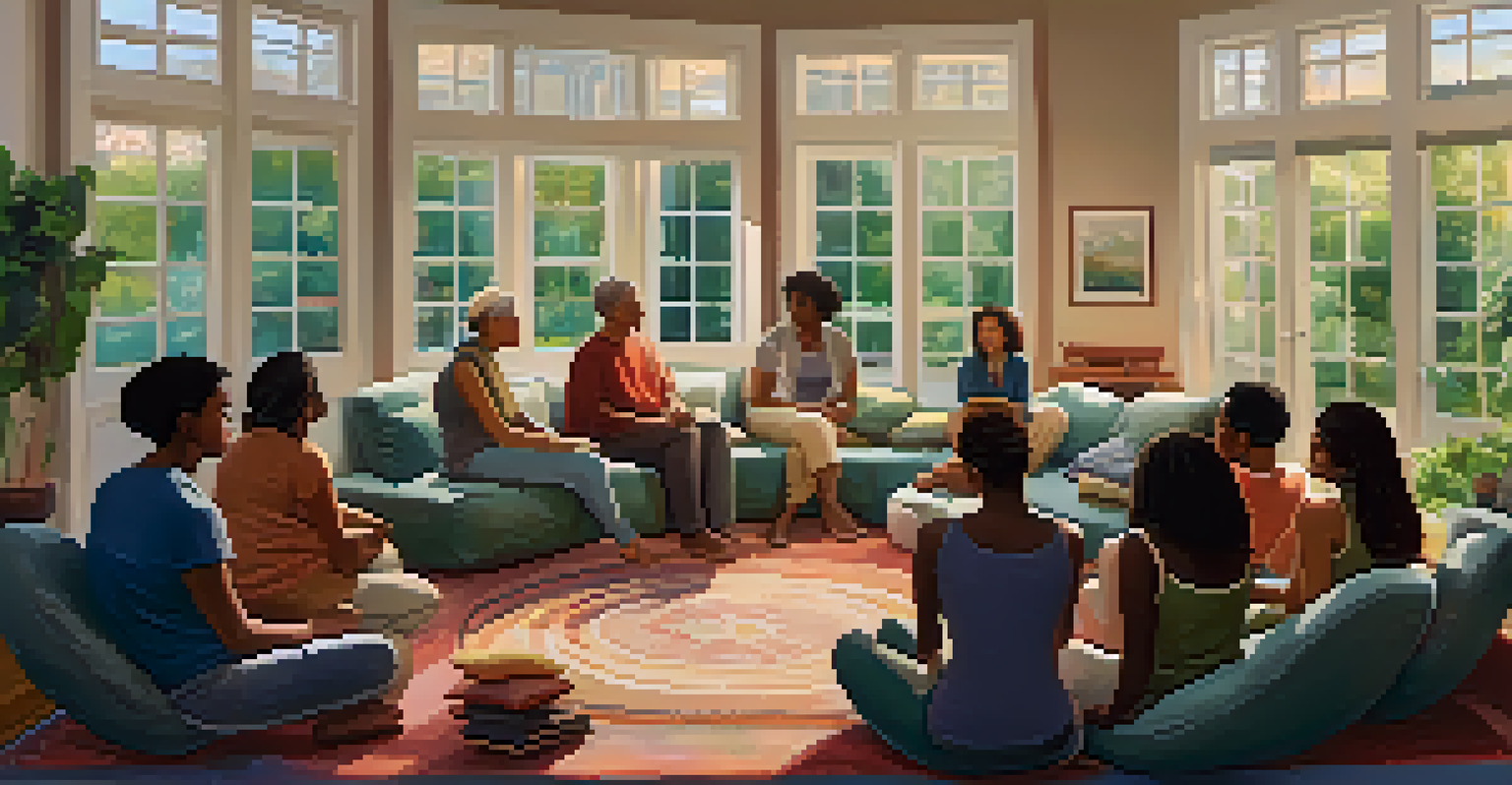 A cozy integration session with participants in a circle engaging in dialogue, set in a warmly lit room with a view of a tranquil garden.