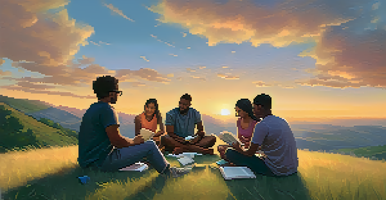 A group of people in a circle sharing journaling insights on a grassy hilltop at sunset.