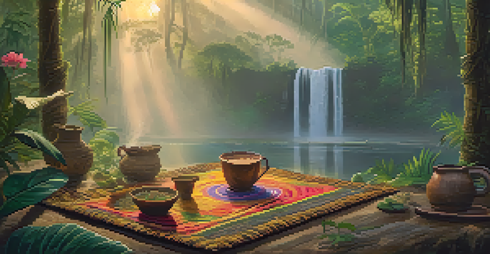 A peaceful Amazon rainforest at dawn with mist, featuring a traditional Ayahuasca ceremony setup with flowers and cups.