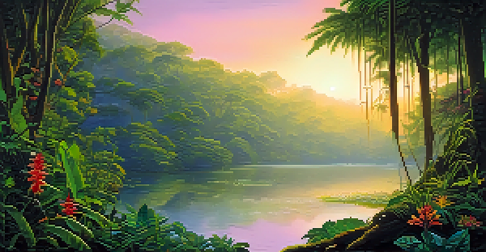 A tranquil Amazon rainforest at sunrise with mist, colorful flowers, a river reflecting light, and a meditating shamanic figure.