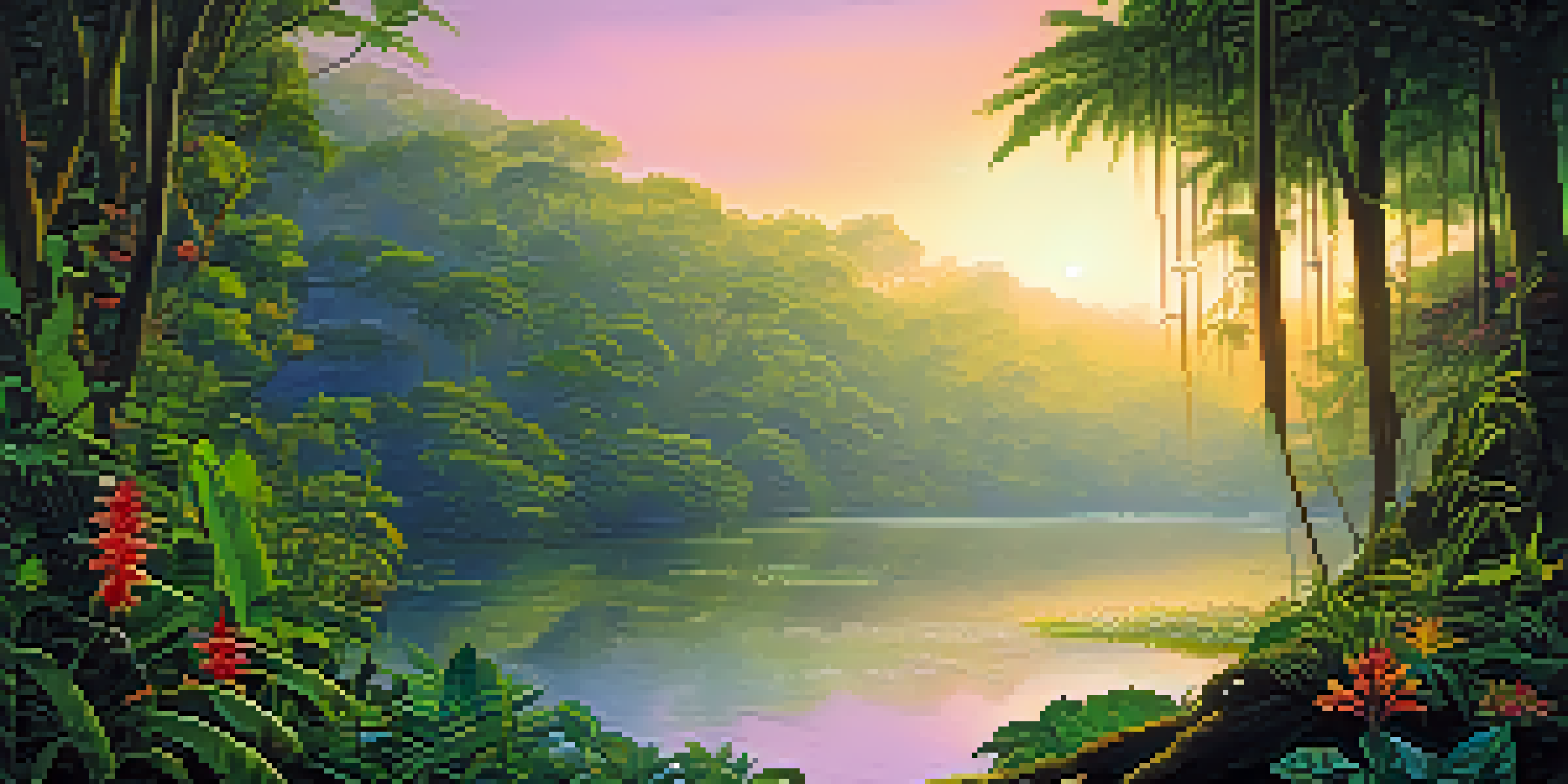 A tranquil Amazon rainforest at sunrise with mist, colorful flowers, a river reflecting light, and a meditating shamanic figure.