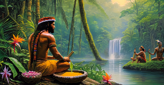 A calm Amazon rainforest at dawn with mist over a river, showing a traditional Ayahuasca ceremony with a shaman and participants.