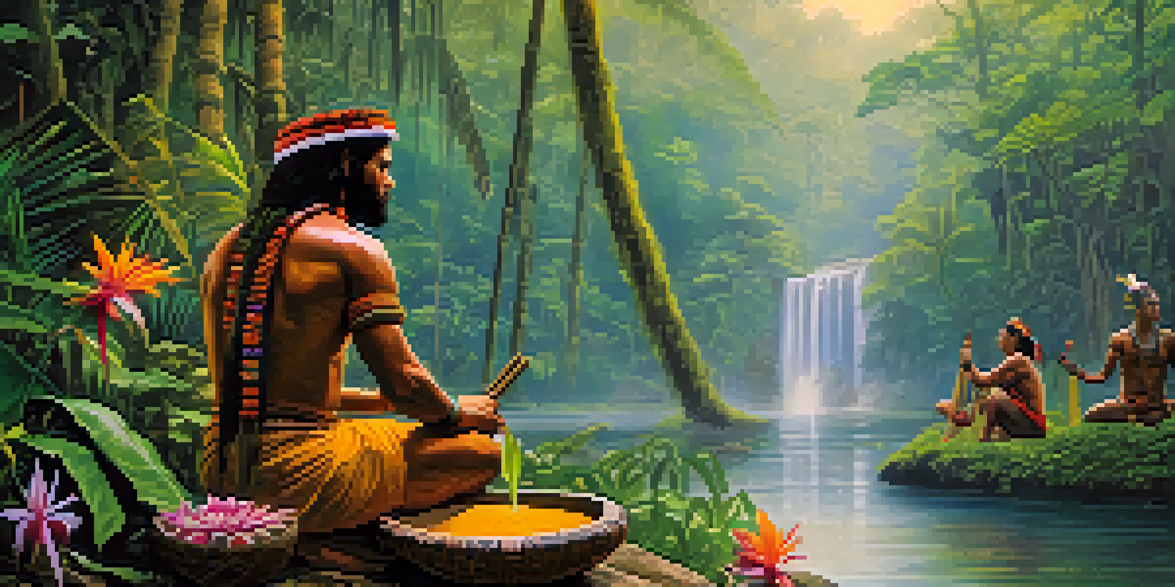 A calm Amazon rainforest at dawn with mist over a river, showing a traditional Ayahuasca ceremony with a shaman and participants.