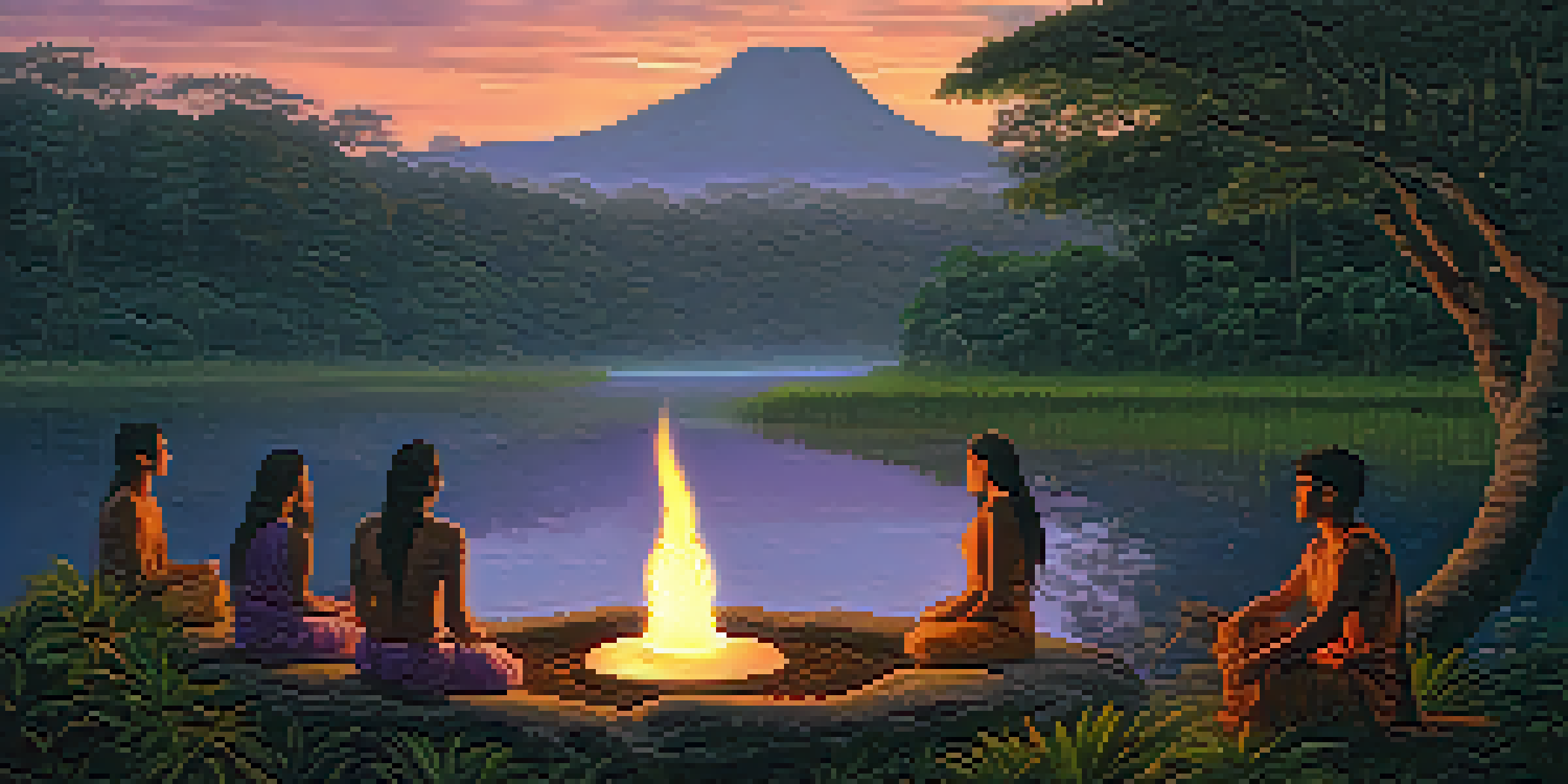 A tranquil scene of a river in the Amazon with a group of diverse individuals participating in an Ayahuasca ceremony at dusk.