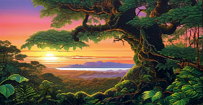 A beautiful Amazon rainforest with a sunset, featuring the Banisteriopsis caapi vine and a wooden shamanic altar.