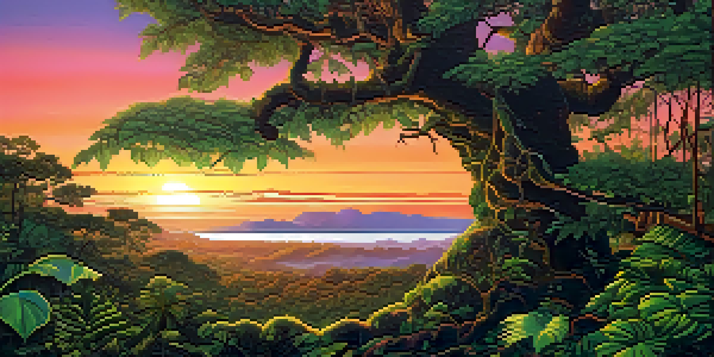 A beautiful Amazon rainforest with a sunset, featuring the Banisteriopsis caapi vine and a wooden shamanic altar.