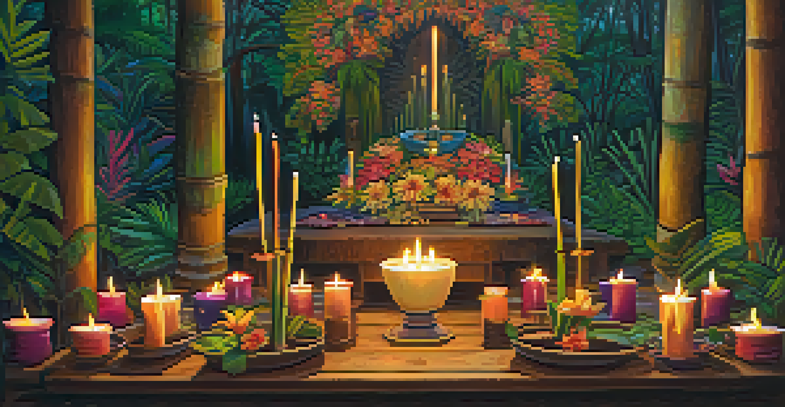 A close-up of a ceremonial altar for Ayahuasca, featuring candles and flowers in a tranquil rainforest setting.