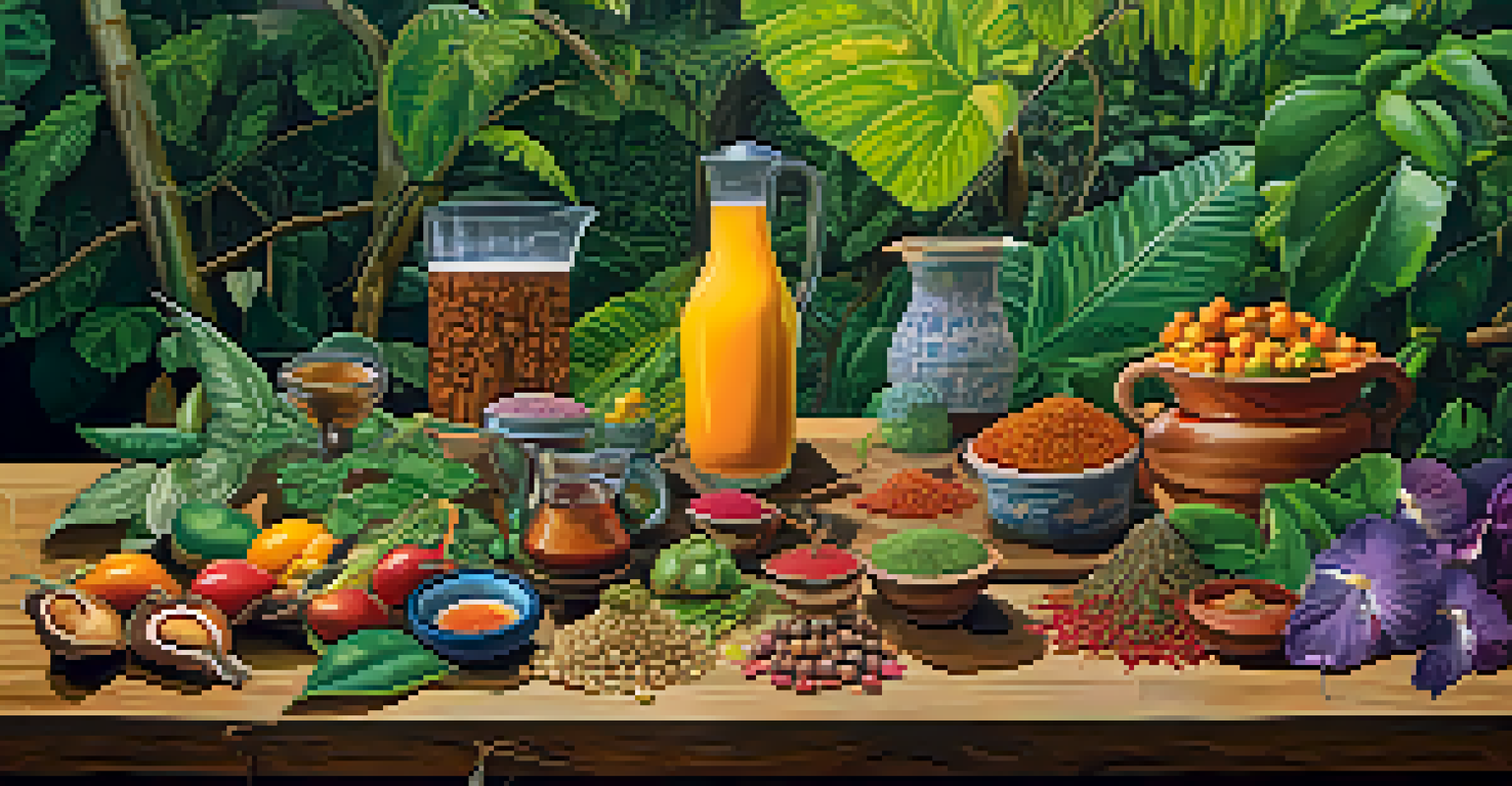 An artistic arrangement of Ayahuasca ingredients, including vines and flowers, on a wooden table.