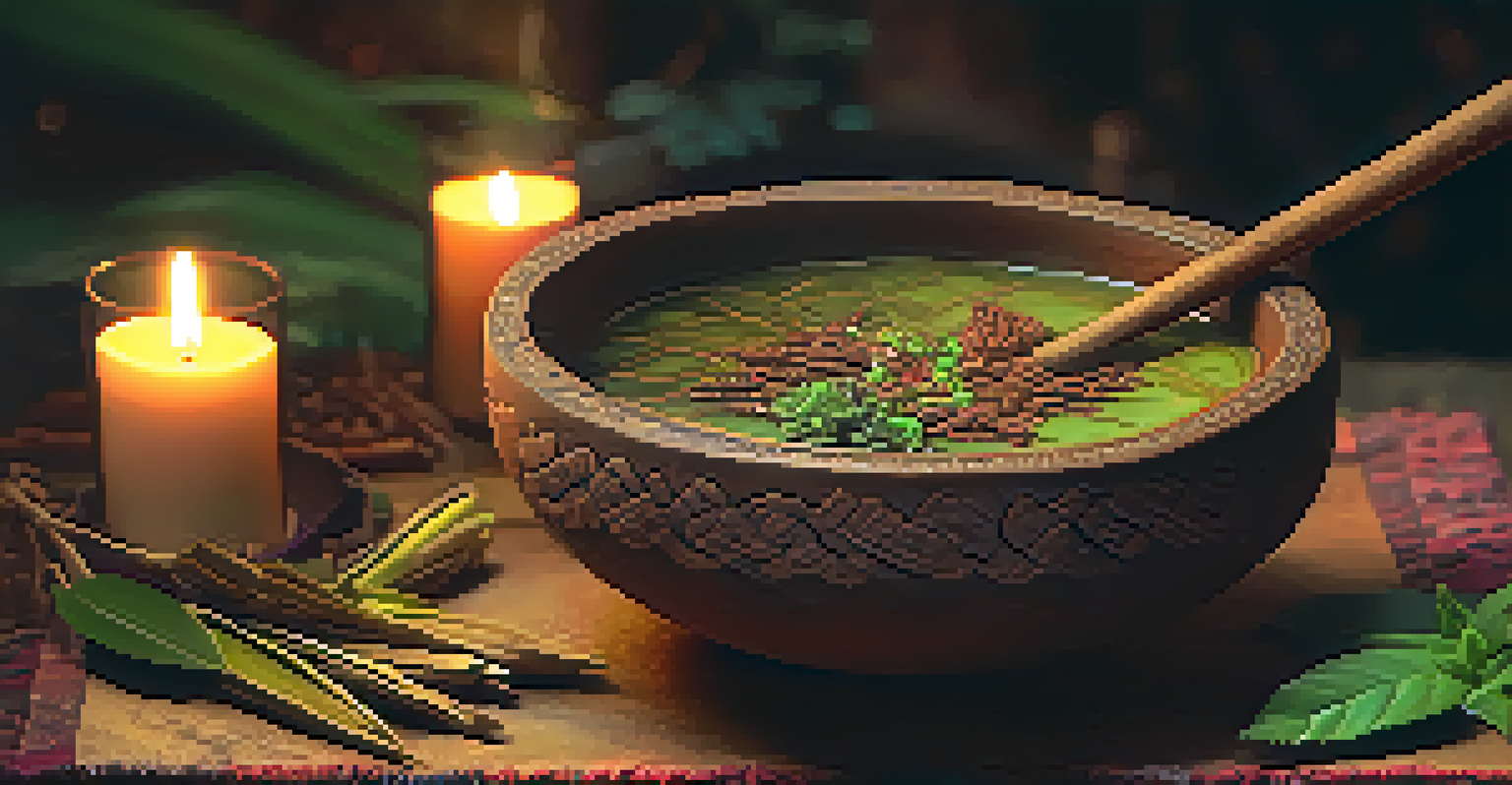 A close-up of Ayahuasca brew in a clay cup with natural elements around it.