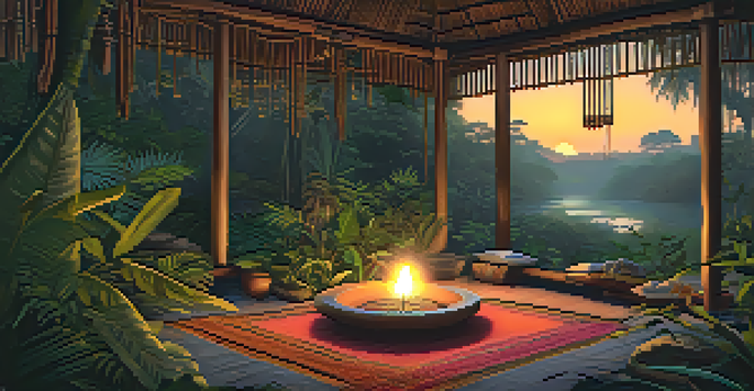A peaceful jungle scene with a ceremonial area lit by candles, surrounded by Amazonian plants and colorful mats on the ground.