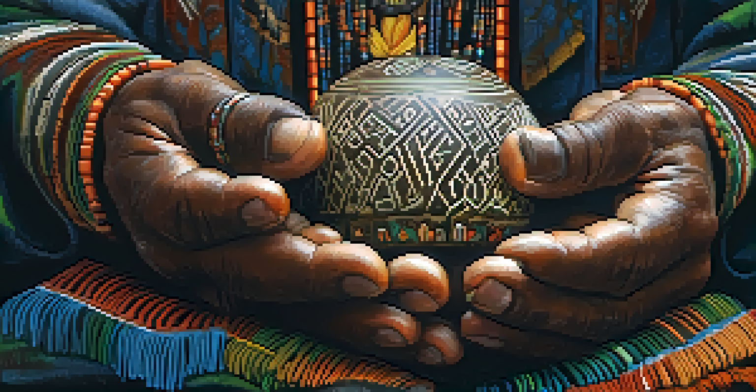 Close-up image of a shaman's hands holding a ceremonial musical instrument, with a blurred rainforest background.