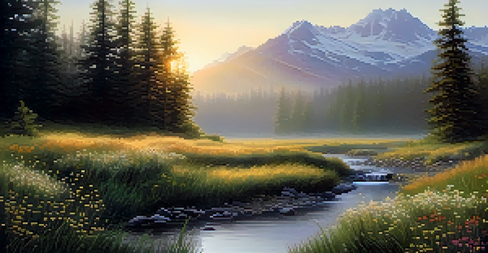 A peaceful forest at sunrise with a stream and blooming wildflowers, and mountains in the background.