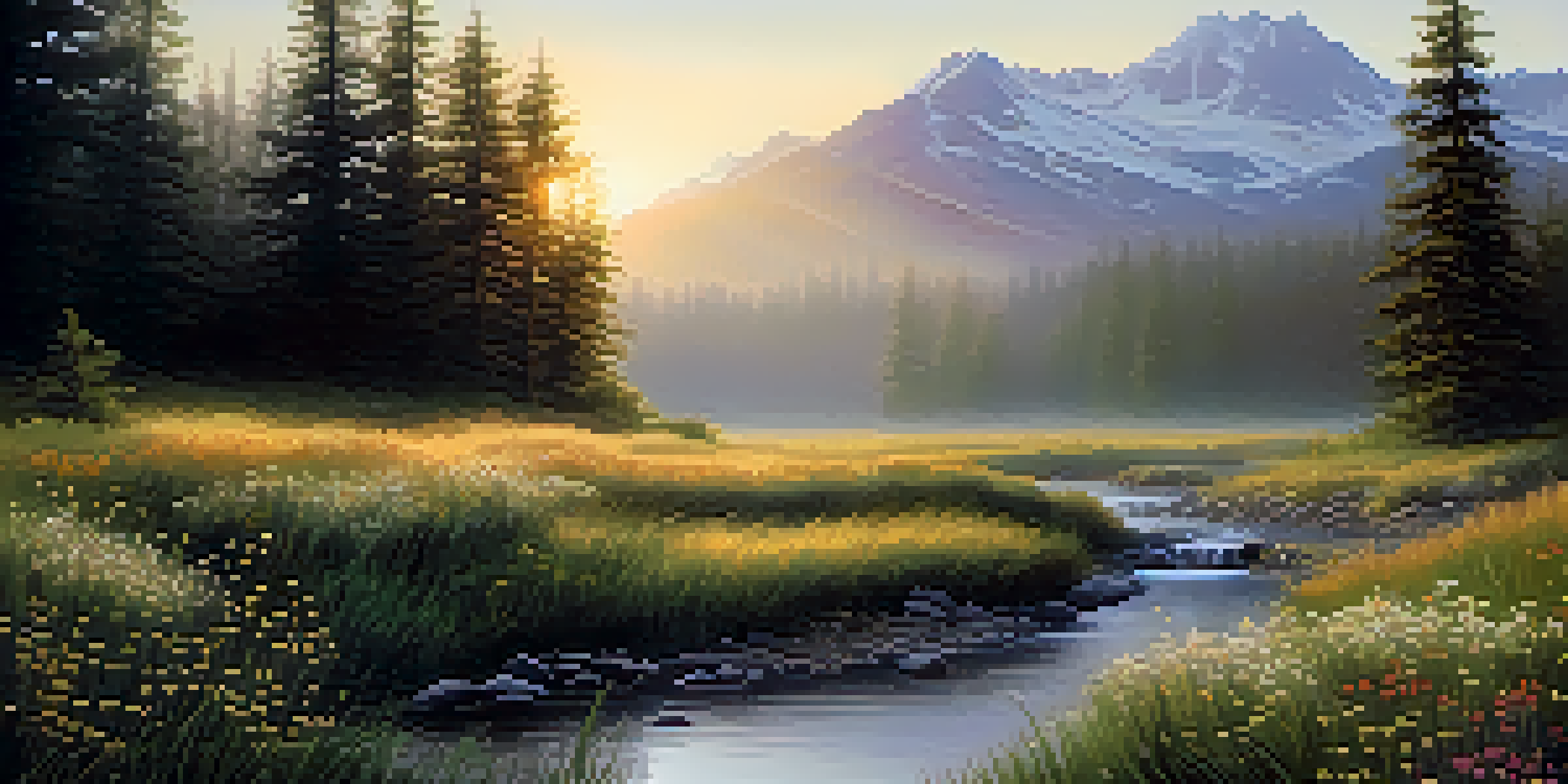 A peaceful forest at sunrise with a stream and blooming wildflowers, and mountains in the background.